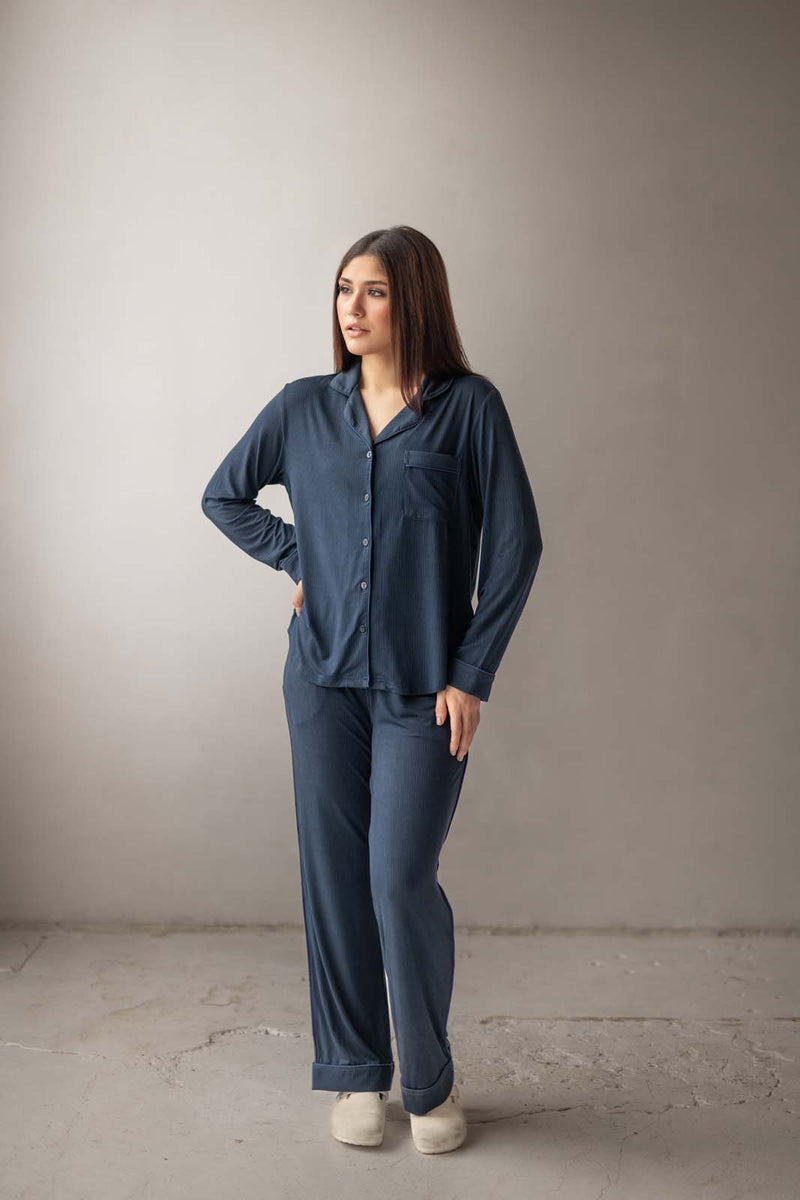 Long Sleeve Pajama Set (Navy/Dusty Blue)